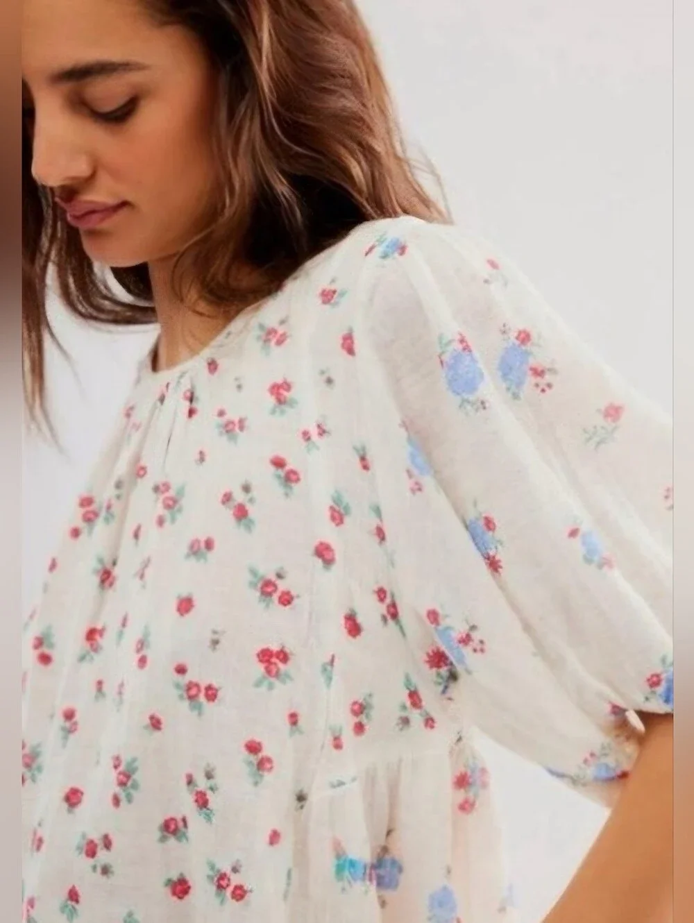 Free People Chloe Floral Puff Sleeve Tie Back Blouse Cotton Gauze White P/S